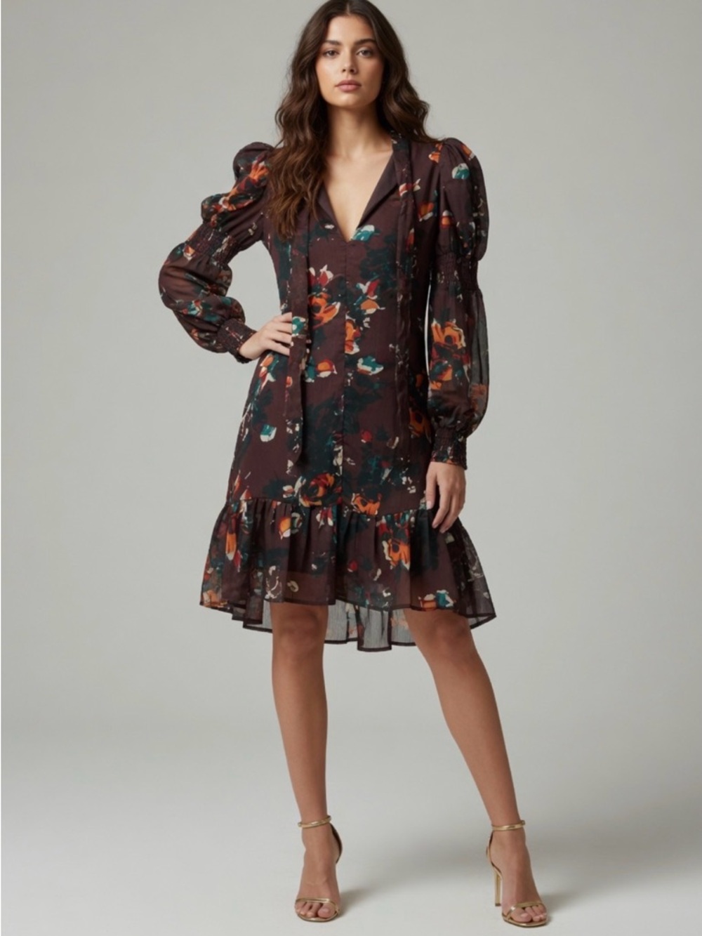 Walter Baker Dark Floral V-Neck Long Sleeve Ruffle Hem Dress